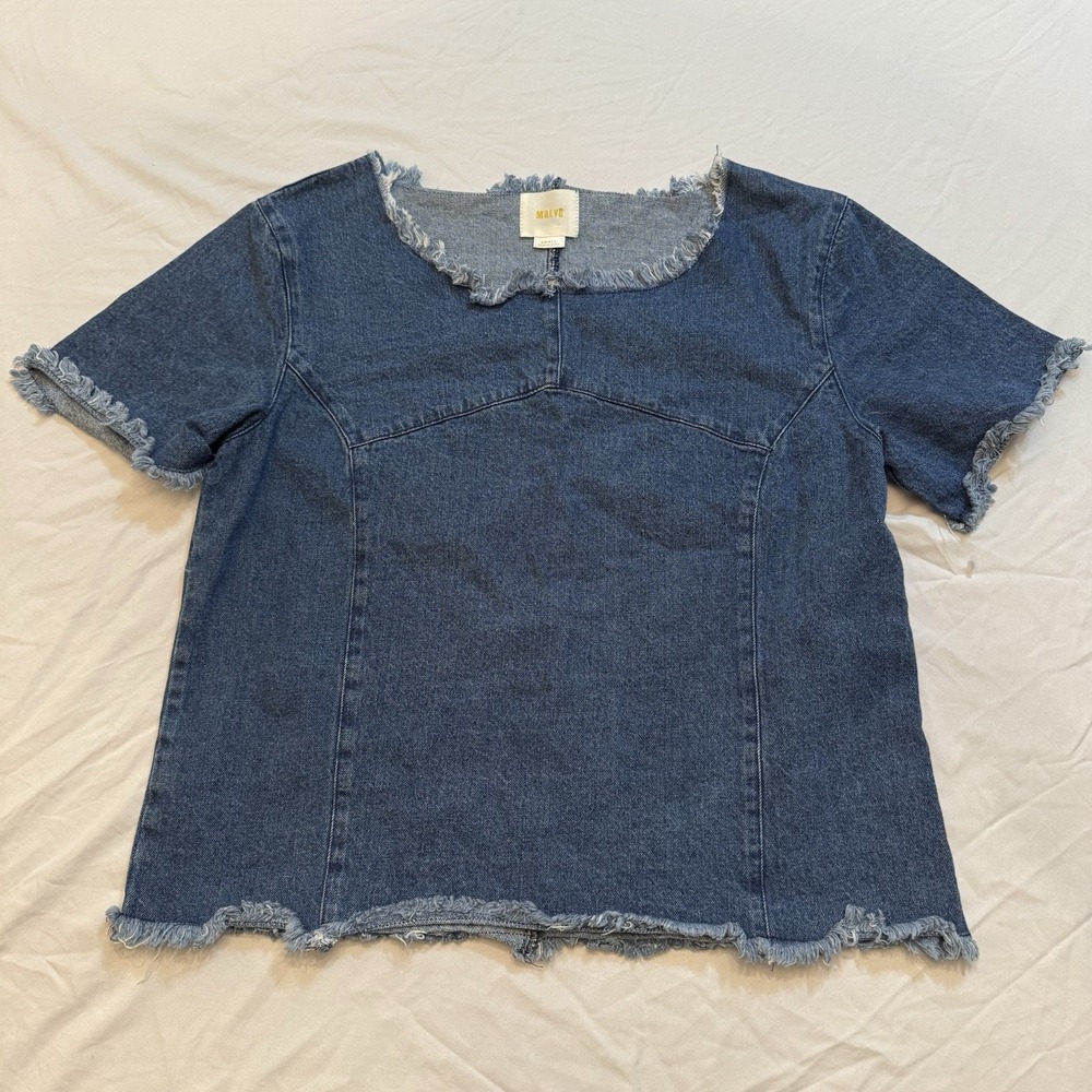 Maeve Anthropologie Women's Frayed Fringe Short Sleeve Blue Denim Top Size S